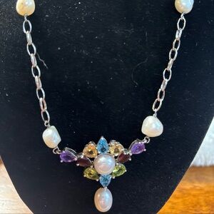 Ross Simons Sterling 925 Genuine Pearl & Gemstone Necklace 16 Inch